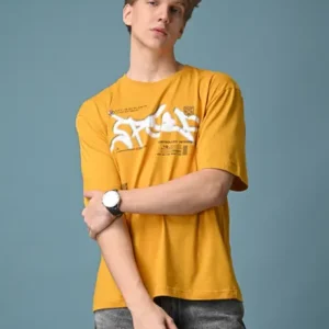 Men Printed Round Neck Pure Cotton Yellow T-Shirt